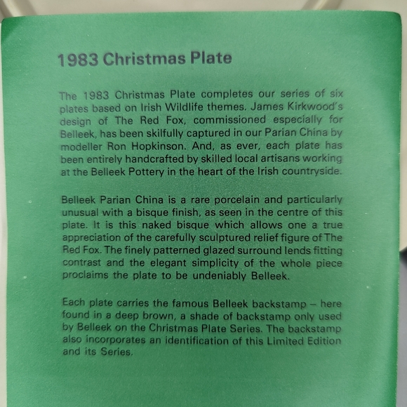 Belleek Irish 1983 Christmas Plate.  The Red Fox.  Limited Edition.  Vintage - Picture 5 of 9